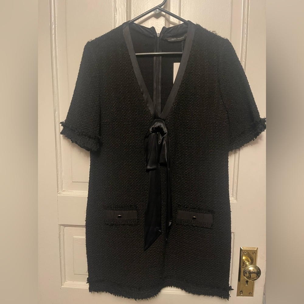 Zara Black NWT Textured Dress with Satin Bow and Details